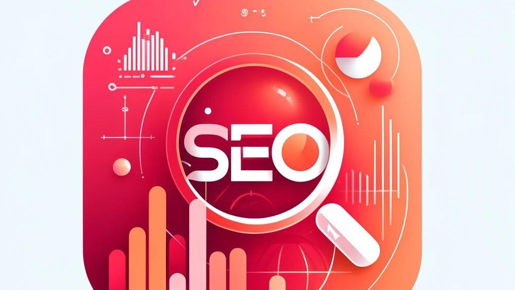 Минималистично изображение в цветовете на логото на SEOexpert.bg, включващо текст SEO, с дизайн от дигитална графика и аналитични диаграми в нюанси на червено, оранжево и розово, отразяващ темата за Най-важни SEO тенденции за 2024 година